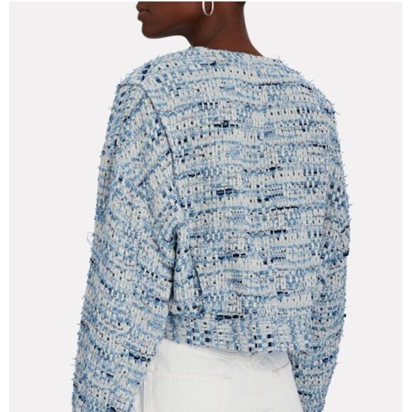 Iro Womens Collarless, Cropped Zippered Jacket XL Blue Denim Tweed Bouclé Jengo - Picture 2 of 15